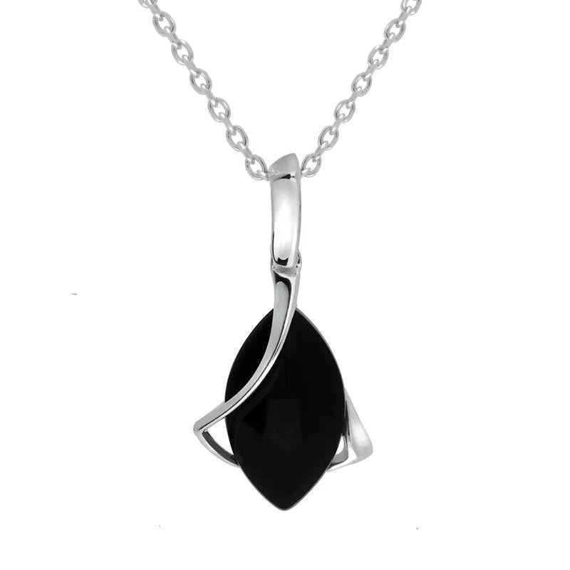 Sterling Silver Whitby Jet Marquise Open Twist Edge Necklace