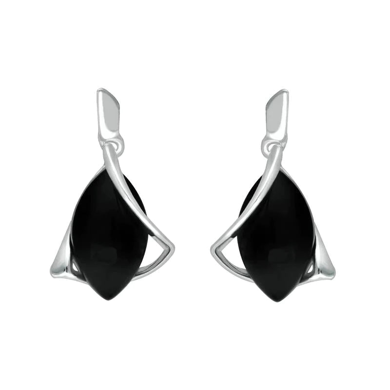 Sterling Silver Whitby Jet Marquise Open Twist Edge Drop Earrings