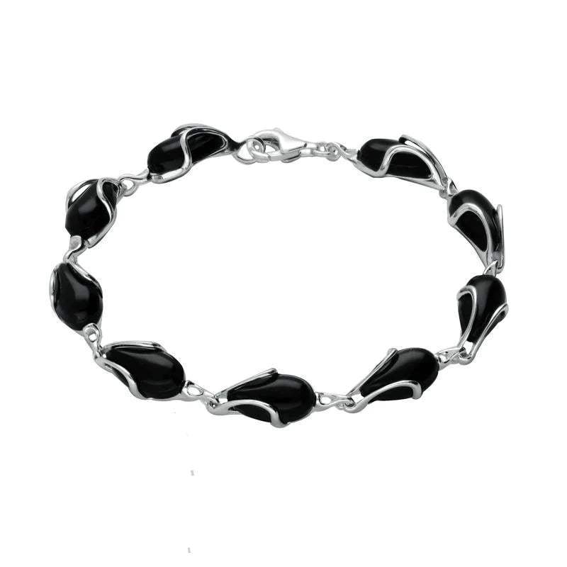 Sterling Silver Whitby Jet 9 Stone Pear Wave Edge Bracelet