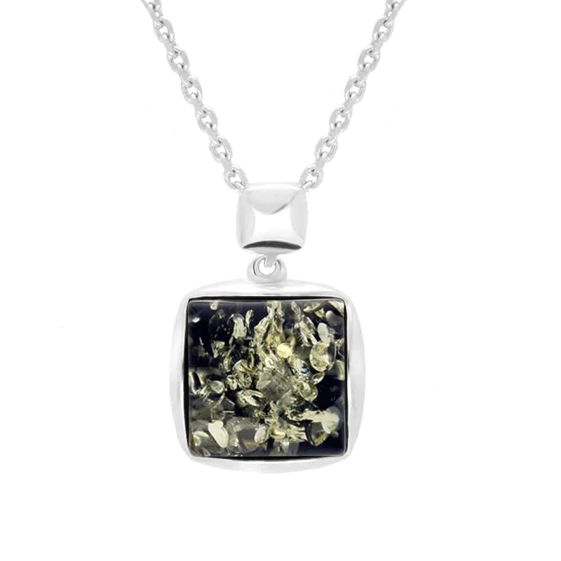 Sterling Silver Green Amber Square Necklace - Silver