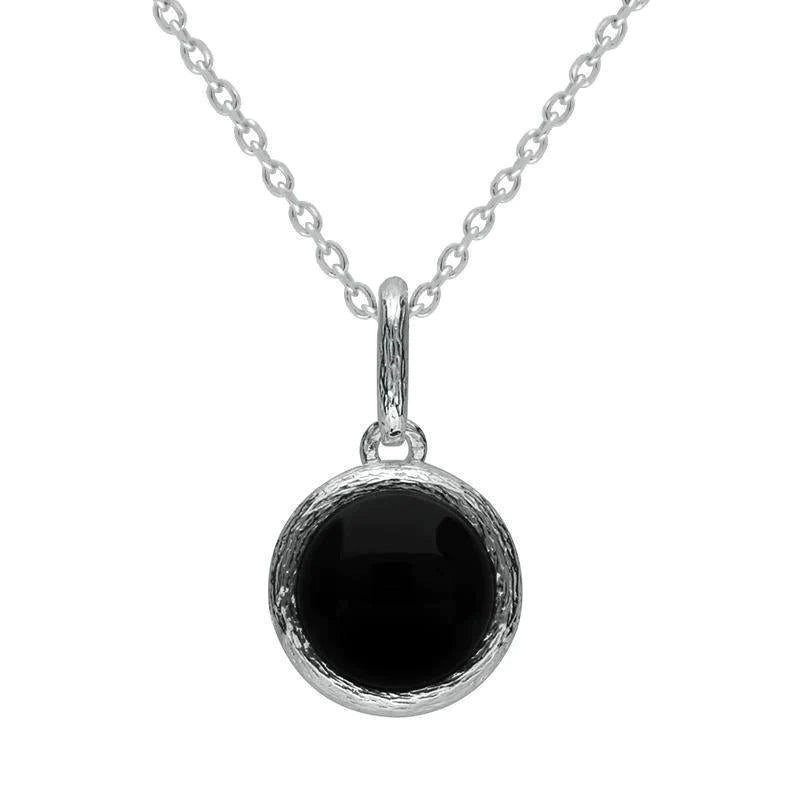 Sterling Silver Whitby Jet Round Stone Brushed Edge Necklace