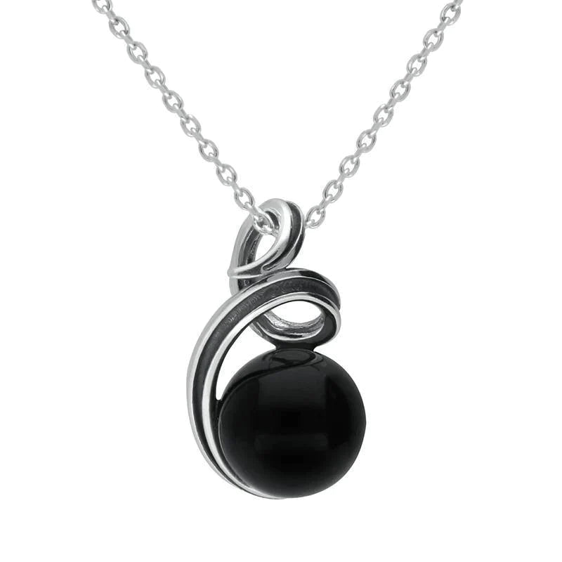 Sterling Silver Whitby Jet Round Stone Open Loop Top Necklace