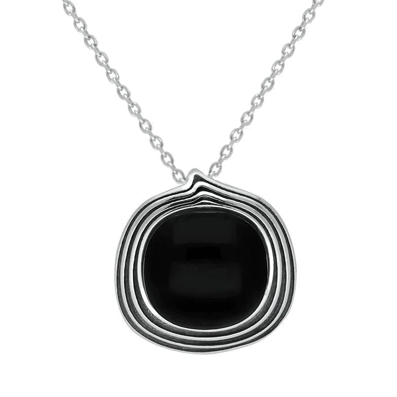 Sterling Silver Whitby Jet Cushion Stone Pattern Edge Necklace