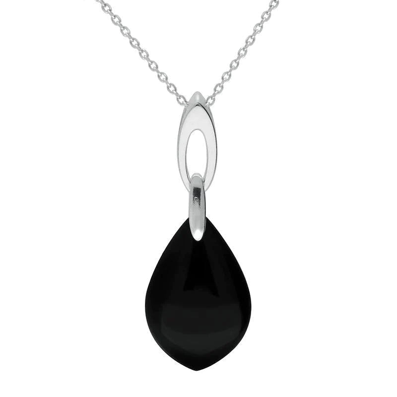 Sterling Silver Whitby Jet Pear Stone Open Bale Necklace