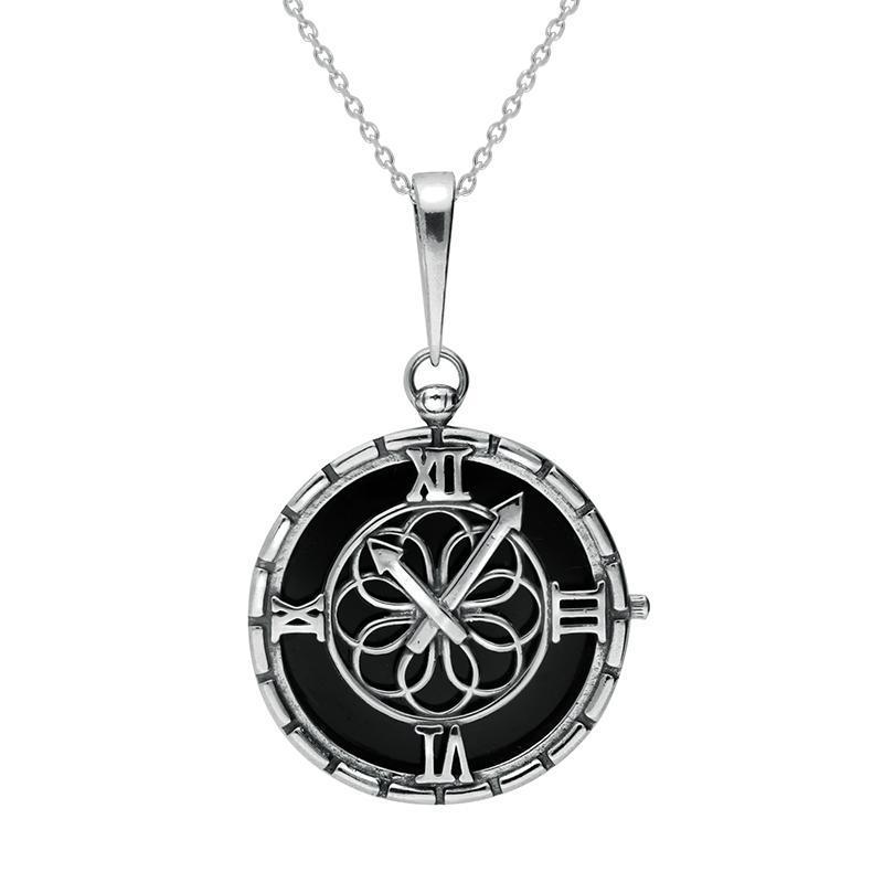 Sterling Silver Whitby Jet Round Clock Necklace