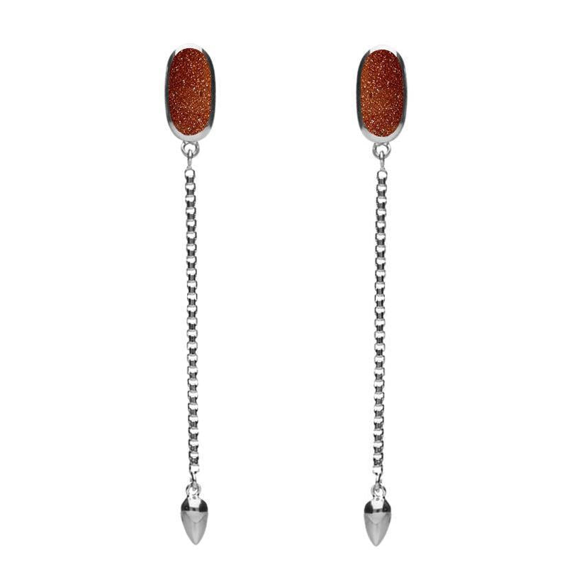 Sterling Silver Brown Goldstone Lineaire Long Drop Stud Earrings