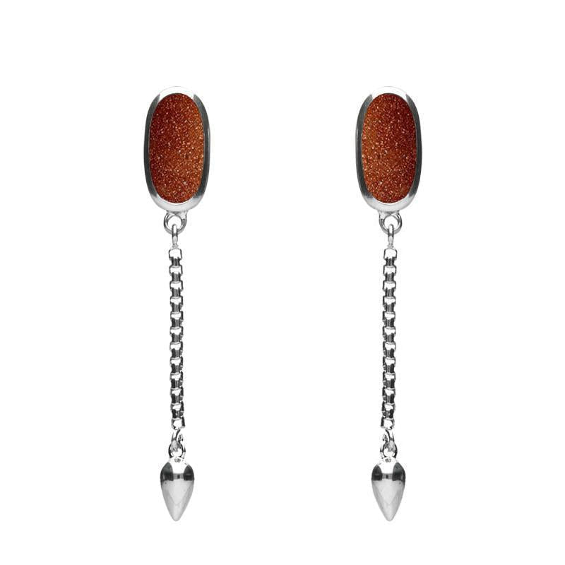 Sterling Silver Brown Goldstone Lineaire Medium Drop Stud Earrings