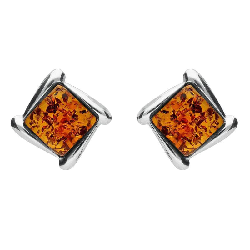 Sterling Silver Amber Square Wave Stud Earrings - Silver