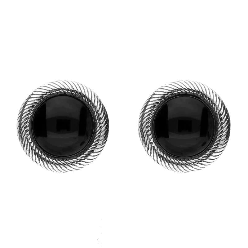 Sterling Silver Whitby Jet Round Ribbed Edge Stud Earrings - Silver