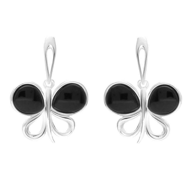 Sterling Silver Whitby Jet Two Stone Butterfly Drop Earrings