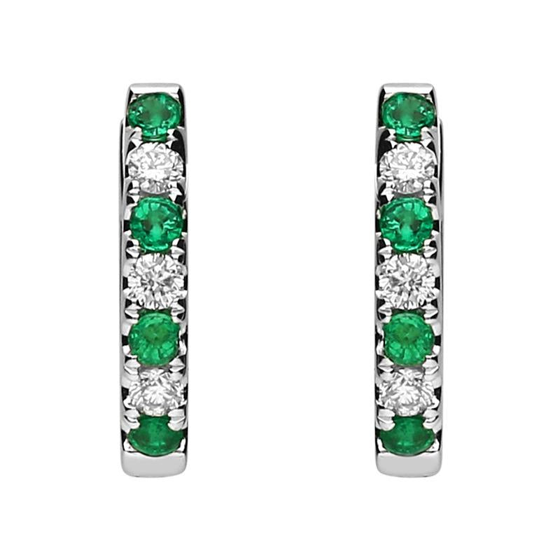 18ct White Gold Emerald and Diamond Huggie Hoop Earrings - White Gold