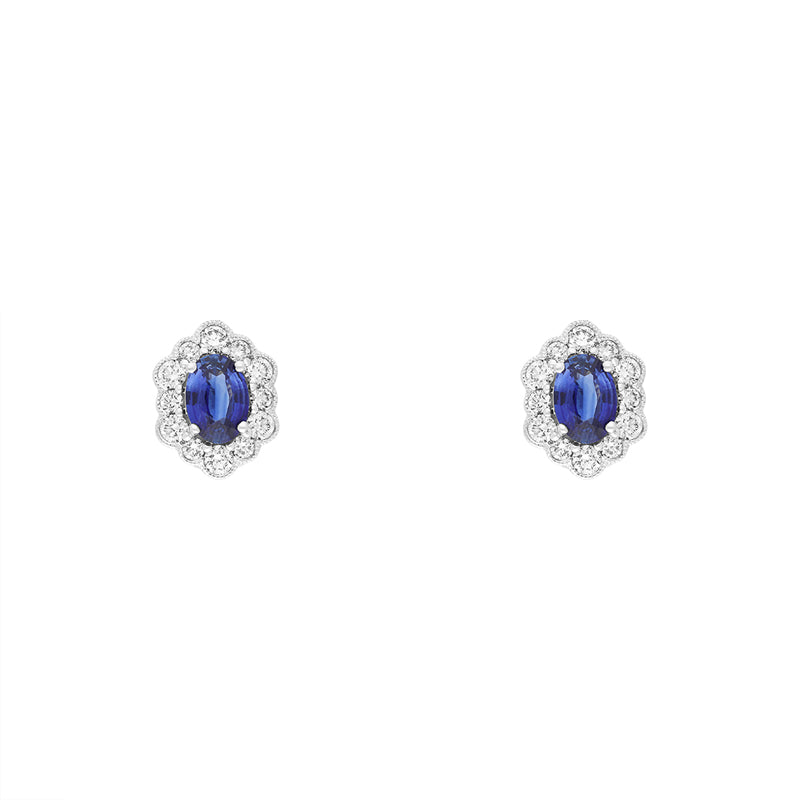 18ct White Gold Sapphire Diamond Oval Cluster Stud Earrings - White Gold
