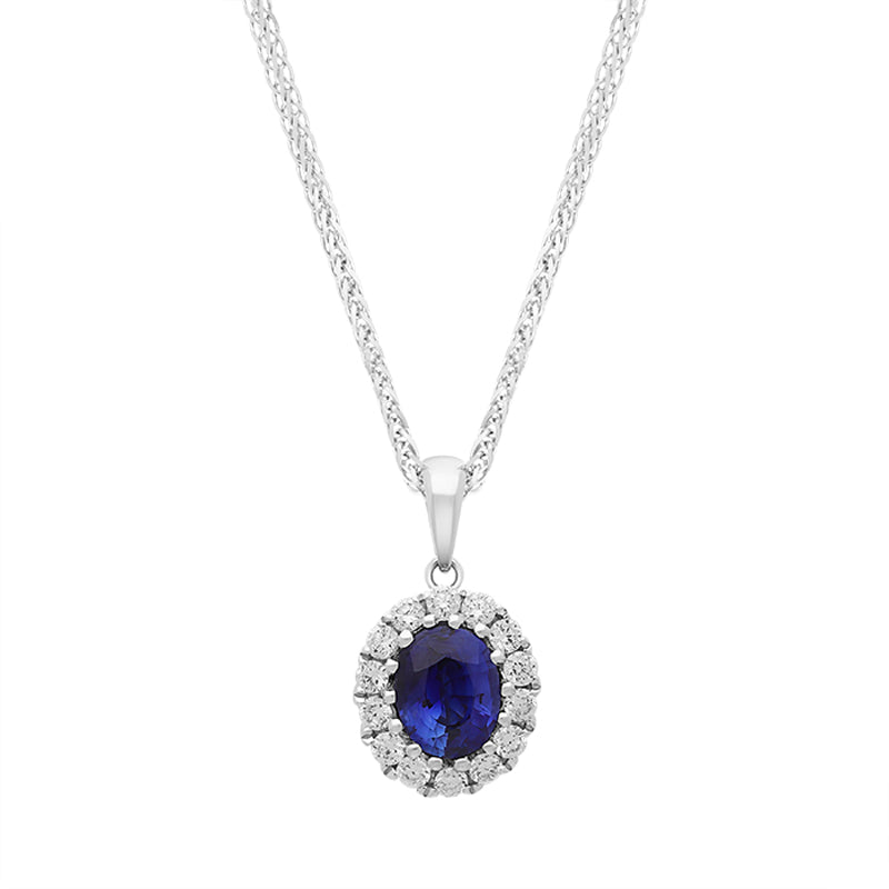 18ct White Gold Sapphire Diamond Pave Oval Pendant - White Gold