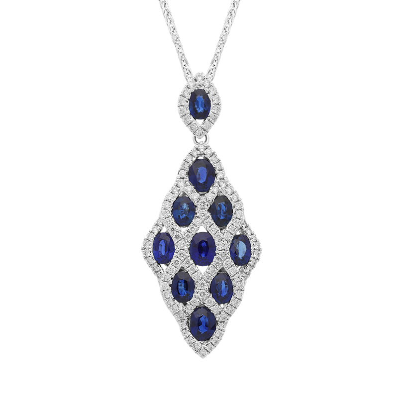 18ct White Gold Sapphire Diamond Oval Cut Lattice Pendant - White Gold