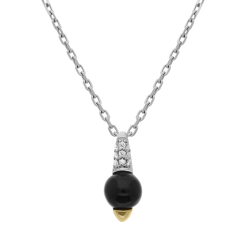 18ct White Gold Whitby Jet 0.08ct Diamond Round Pave Top Necklace D - Gold