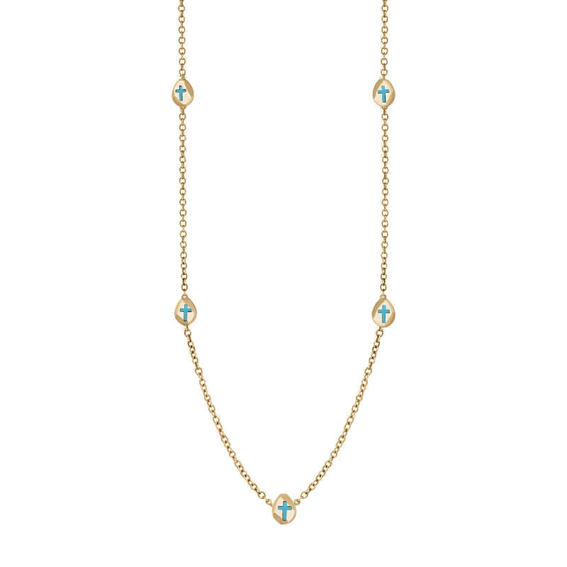 18ct Yellow Gold Turquoise Cross Link Disc Chain Necklace - Option1 Value Yellow Gold
