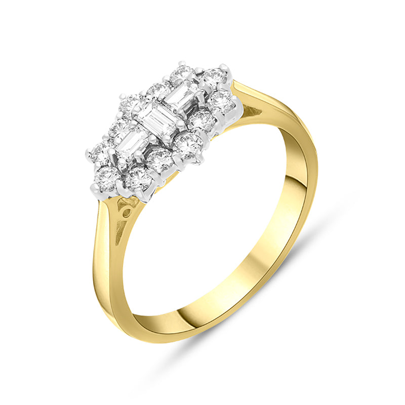 18ct Yellow Gold 0.60ct Diamond Baguette Cut Vintage Style Cluster Ring - Yellow Gold