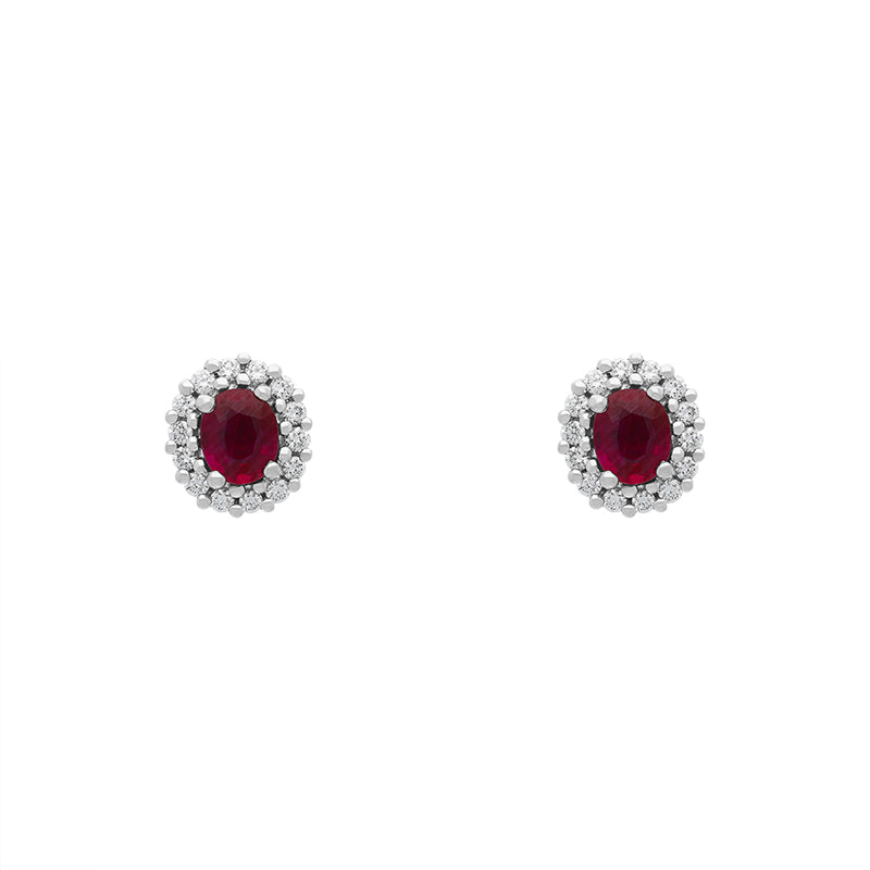 18ct Yellow Gold Ruby Diamond Oval Cluster Stud Earrings - Yellow Gold