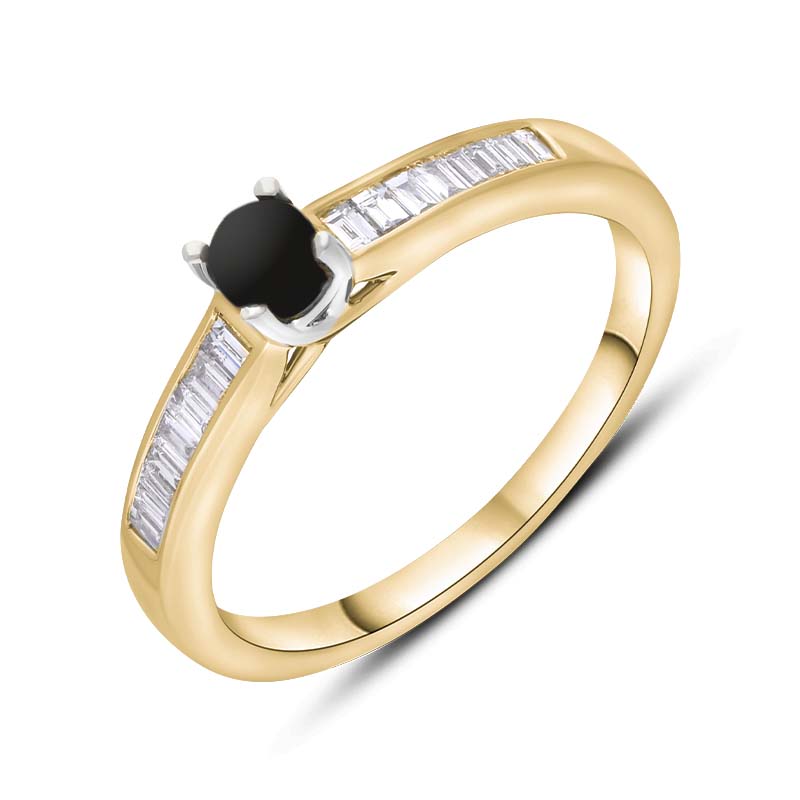 18ct Yellow White Gold Whitby Jet Diamond 0.20ct Round Claw Set Ring - U