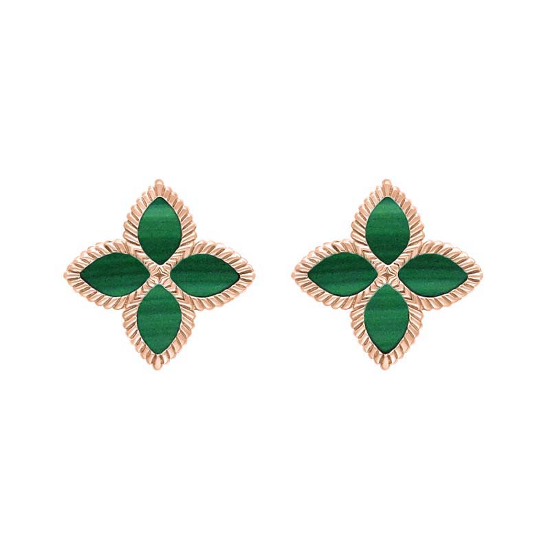 18ct Rose Gold Malachite Bloom Marquise Flower Stud Earrings - Gold