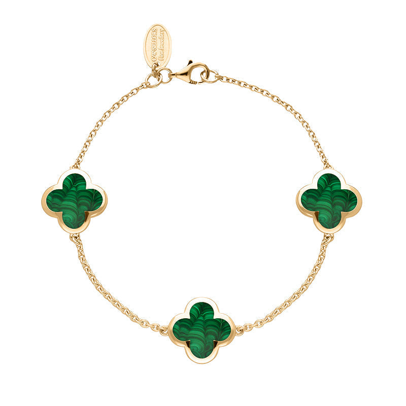 18ct Rose Gold Malachite Bloom Four Leaf Clover Chain Bracelet