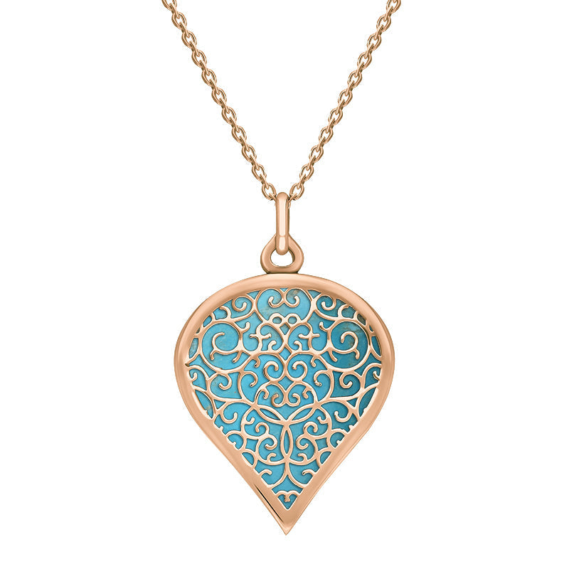 18ct Rose Gold Turquoise Flore Filigree Large Heart Necklace