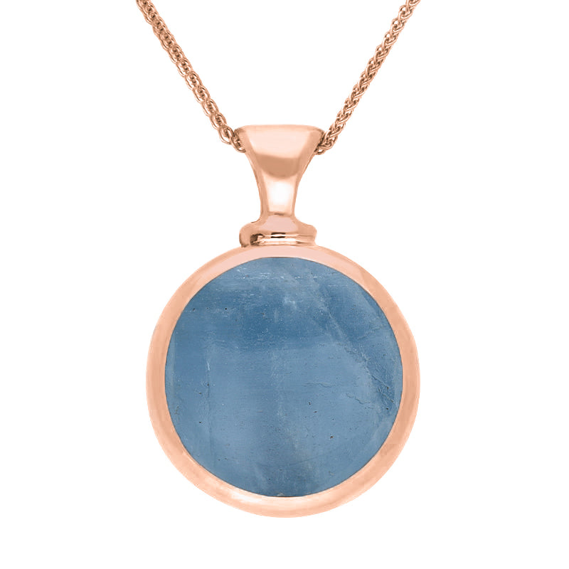 18ct Rose Gold Whitby Jet Aquamarine Double Sided Round Dinky Fob Necklace - Rose Gold