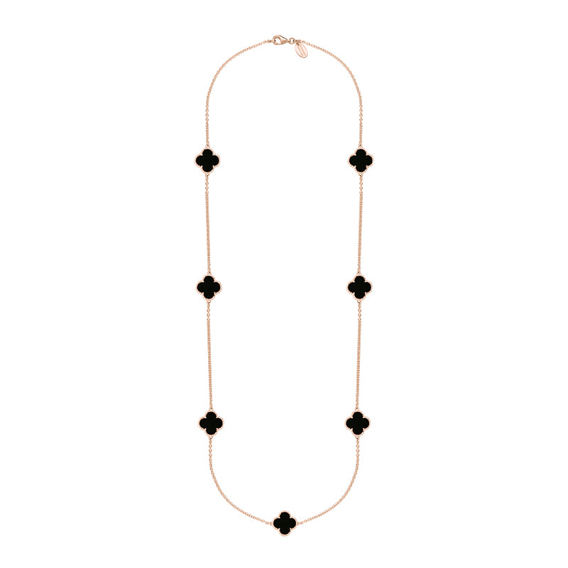 18ct Rose Gold Whitby Jet Bloom Four Leaf Clover Ball Edge Long Necklace