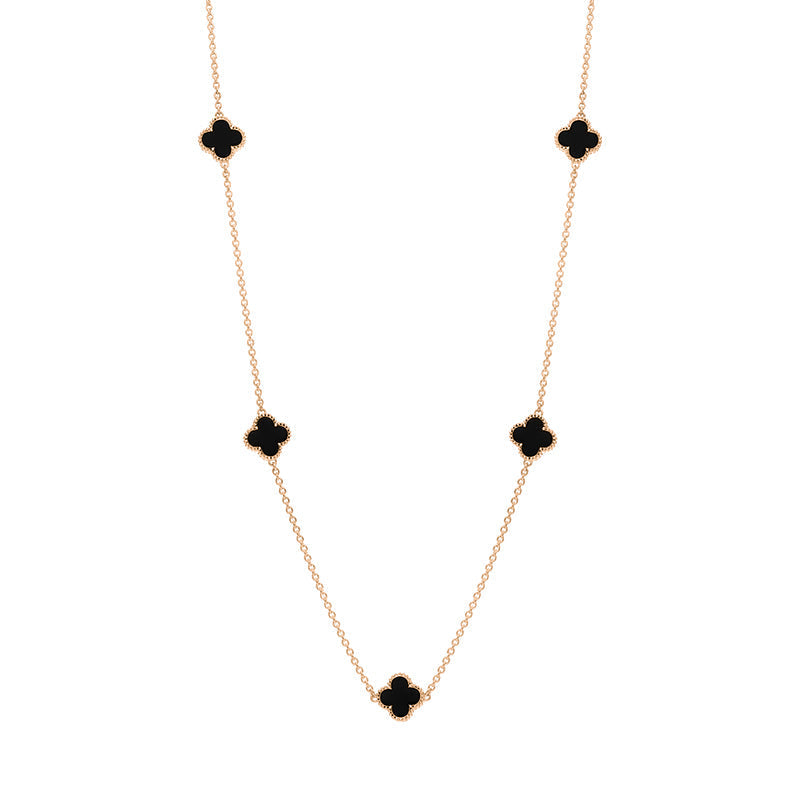 18ct Rose Gold Whitby Jet Bloom Four Leaf Clover Ball Edge Necklace