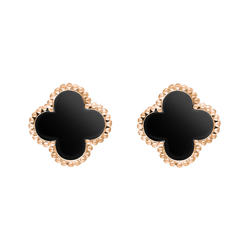 18ct Rose Gold Whitby Jet Bloom Four Leaf Clover Ball Edge Stud Earrings