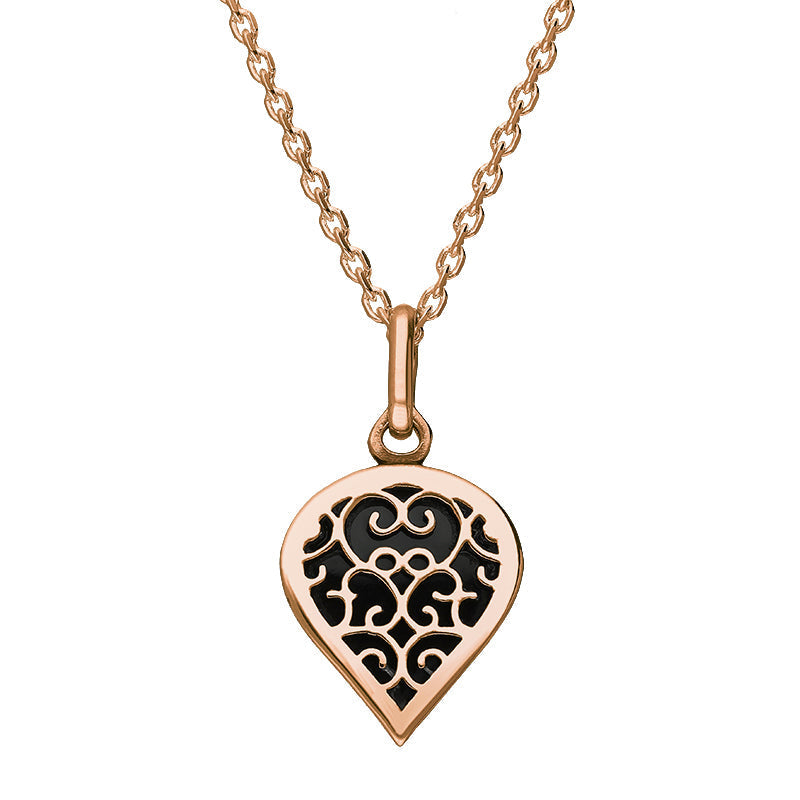 18ct Rose Gold Whitby Jet Flore Filigree Small Heart Necklace