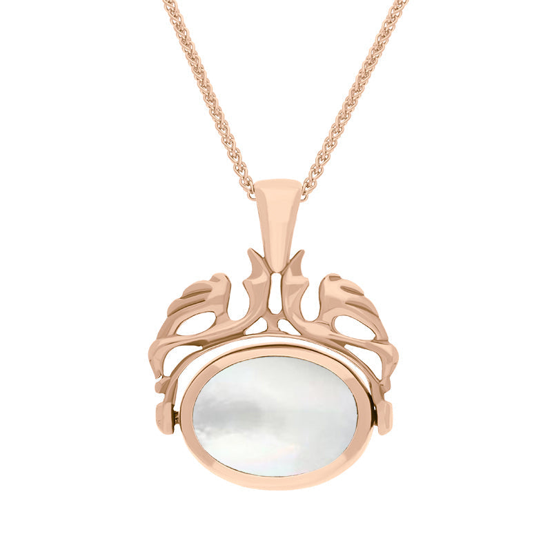 18ct Rose Gold Whitby Jet Mother Of Pearl Double Sided Oval Swivel Fob Necklace - Rose Gold