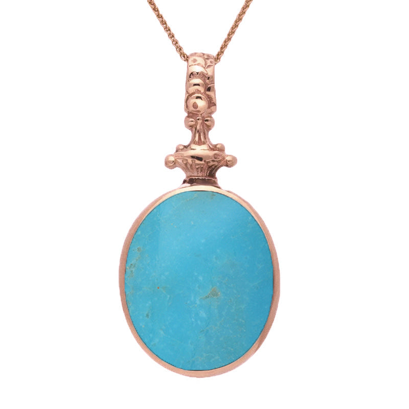 18ct Rose Gold Whitby Jet Turquoise Double Sided Oval Fob Necklace - Rose Gold