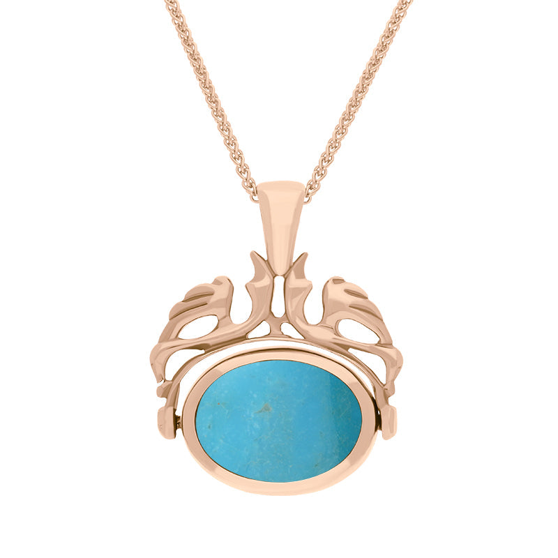 18ct Rose Gold Whitby Jet Turquoise Double Sided Oval Swivel Fob Necklace - Rose Gold