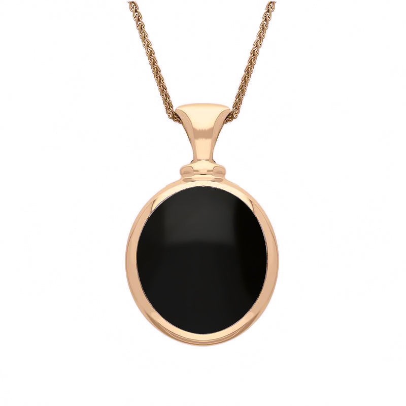 18ct Rose Gold Whitby Jet Mother Of Pearl Small Double Sided Oval Fob Necklace - Rose Gold