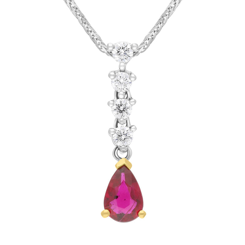 18ct White and Yellow Gold Ruby Diamond Drop Necklace
