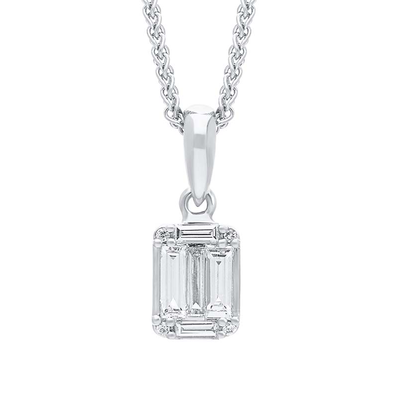 18ct White Gold 0.22ct Diamond Baguette Round Brilliant Cut Cluster Necklace - Gold
