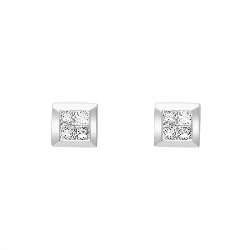 18ct White Gold 0.24ct Diamond Princess Cut Cluster Stud Earrings - White Gold