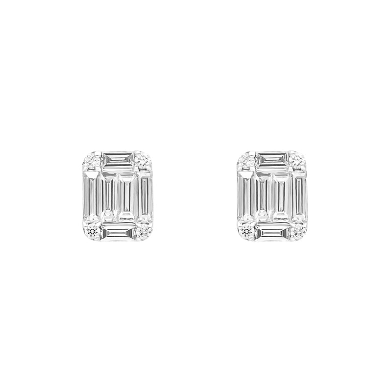 18ct White Gold 0.34ct Diamond Baguette Cut Cluster Stud Earrings - White Gold