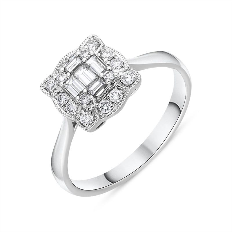 18ct White Gold 0.45ct Diamond Baguette Cut Vintage Style Cluster Ring - White Gold