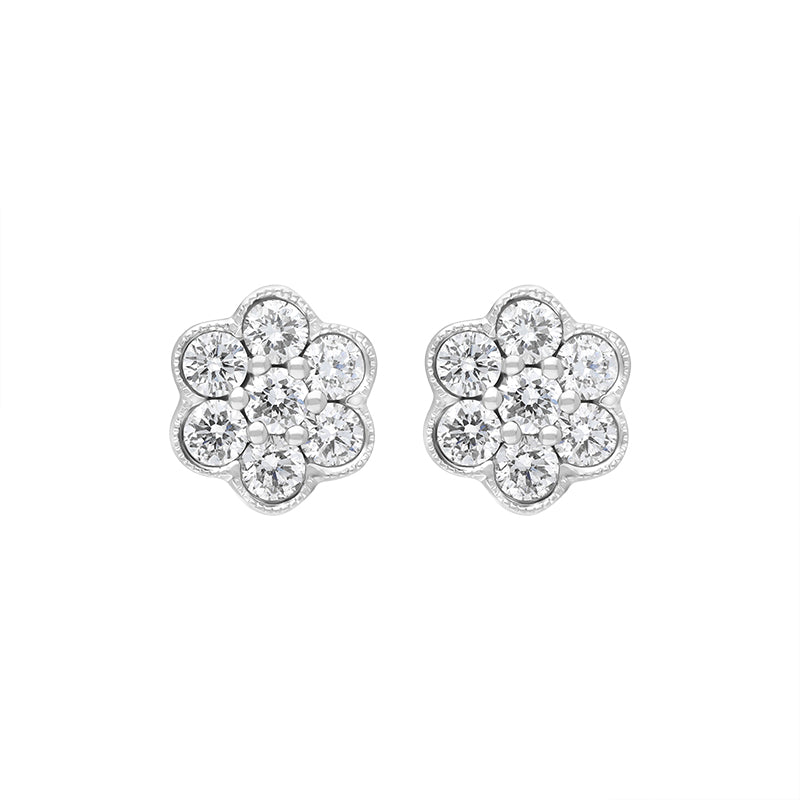 18ct White Gold 0.47ct Diamond Flower Cluster Stud Earrings - White Gold