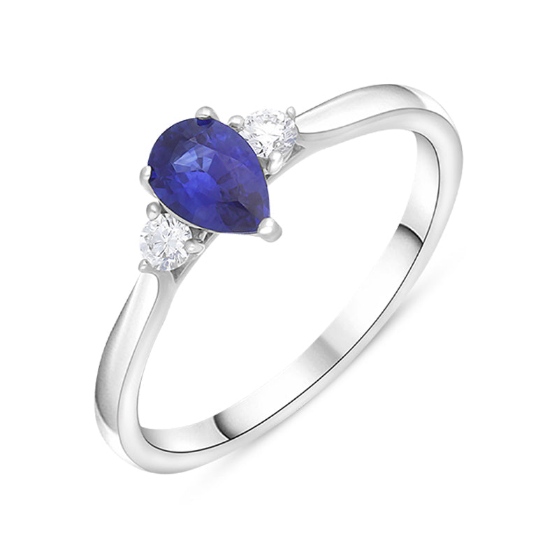 18ct White Gold 0.50ct Sapphire Diamond Round Brilliant and Pear Cut Three Stone Ring - White Gold