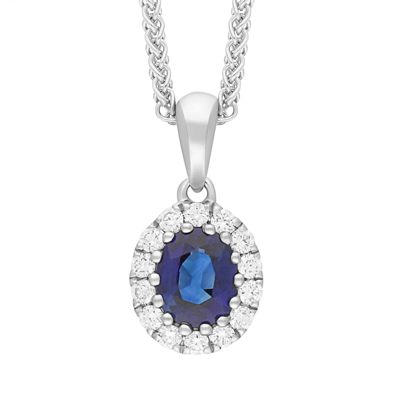 18ct White Gold 0.54ct Diamond Sapphire Oval Cluster Necklace