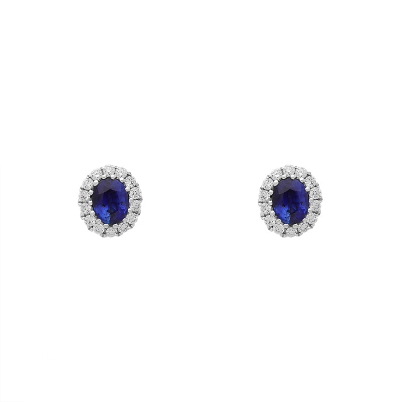 18ct White Gold 0.56ct Sapphire and Diamond Oval Cluster Earrings - Option1 Value White Gold