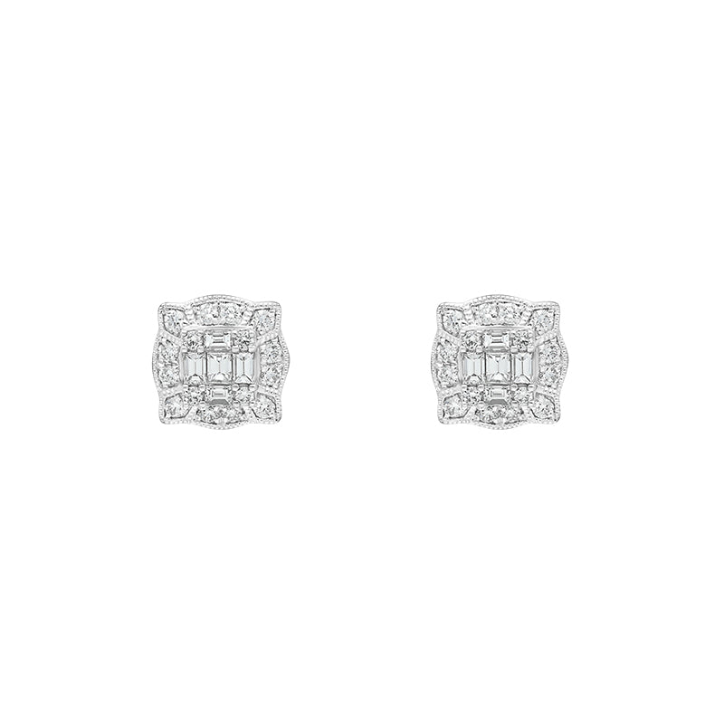 18ct White Gold 0.58ct Diamond Baguette Cut Cluster Stud Earrings - White Gold