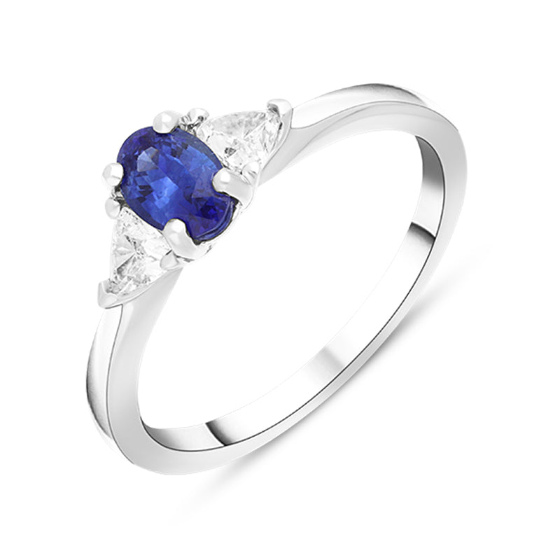 18ct White Gold 0.60ct Sapphire Diamond Oval and Trilliant Cut Three Stone Ring - White Gold