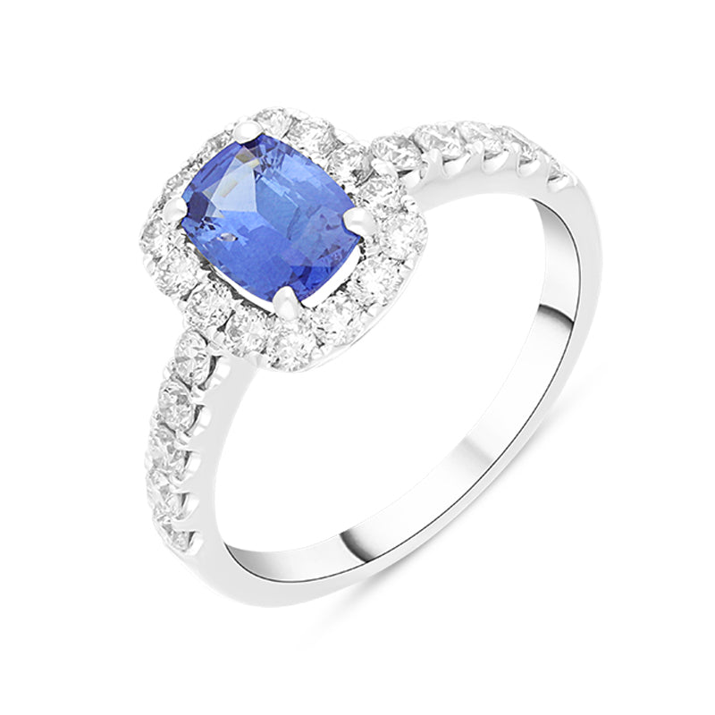 18ct White Gold 0.65ct Sapphire Diamond Halo Shoulder Set Ring - White Gold