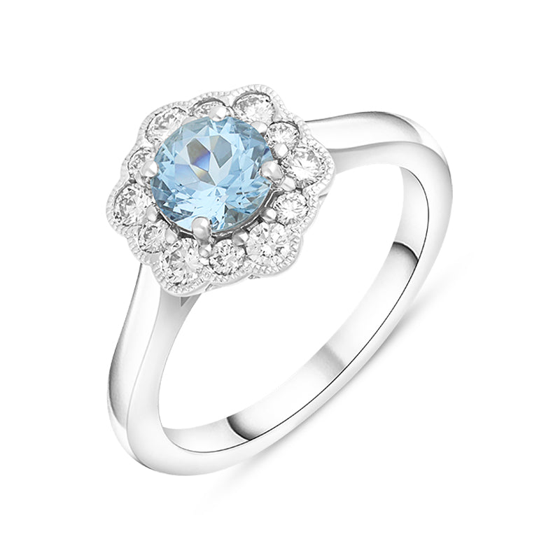 18ct White Gold 0.72ct Aquamarine Diamond Halo Ring - White Gold