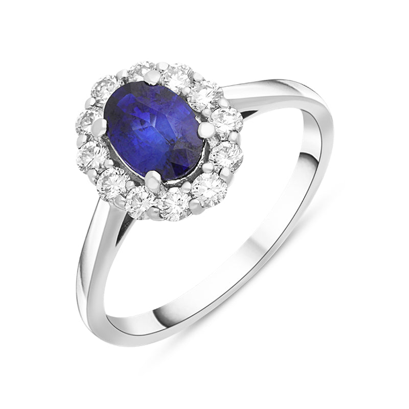 18ct White Gold 0.75ct Sapphire Diamond Halo Ring - White Gold