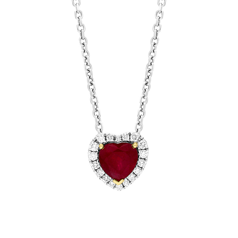 18ct White Gold 0.94ct Ruby Diamond Heart Cluster Pendant - White Gold